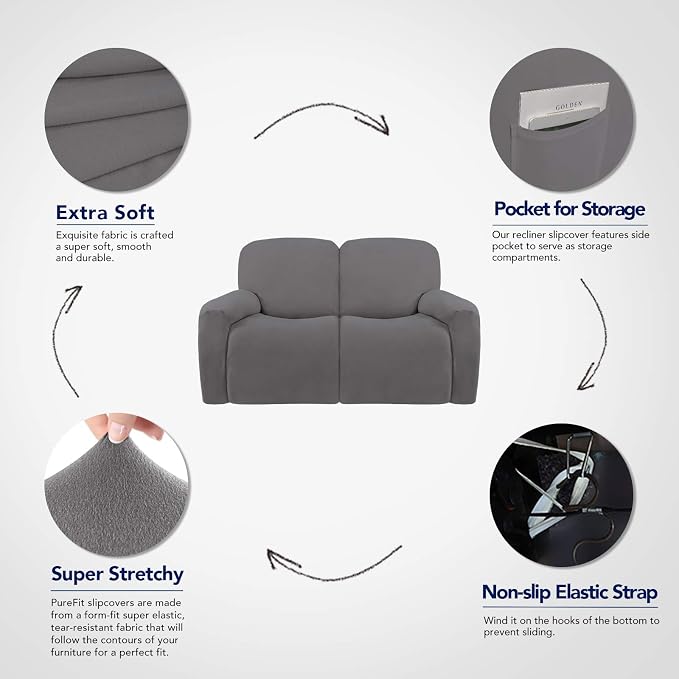 PureFit Super Stretch Loveseat Recliner Sofa Couch Cover with Pocket | 2 Seats Non Slip Soft Sofa Slipcover, Washable Reclining Furniture Protector for Pets (Recliner Loveseat, Light Gray)