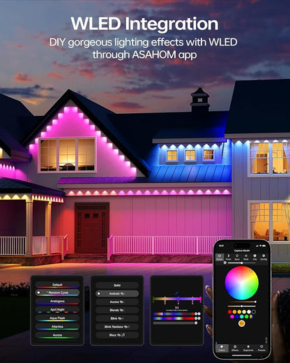 ASAHOM Permanent Outdoor Lights Pro S108B, 100FT with 72 RGBCW LEDs, White | Up to 70lm, WLED Integrated, 30,000 Dynamic Effects, AI Lighting, Dual Output, for Outdoor Holiday Decor and Daily Lighting