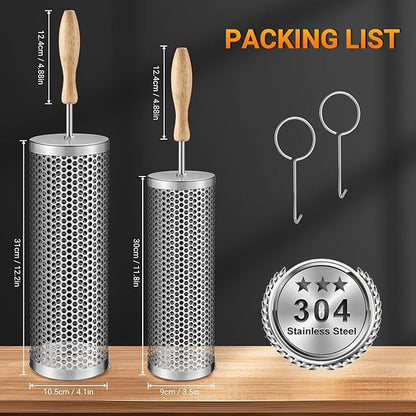 Rolling Grill Baskets,【2025Upgraded】 2Pcs Nesting Grilling Net with Removable Wooden Handle,BBQ Accessories Tools for Vegetables Shrimp,Outdoor Camping Barbecue Rack,Gifts for Men Dad (Stainless Steel,Round)