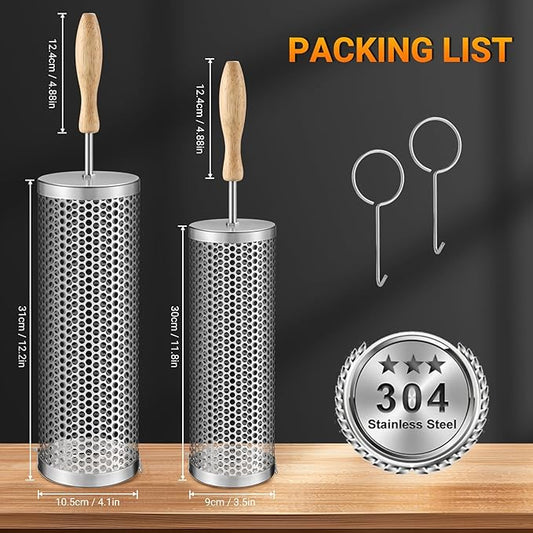 Rolling Grill Baskets,【2025Upgraded】 2Pcs Nesting Grilling Net with Removable Wooden Handle,BBQ Accessories Tools for Vegetables Shrimp,Outdoor Camping Barbecue Rack,Gifts for Men Dad (Stainless Steel,Round)