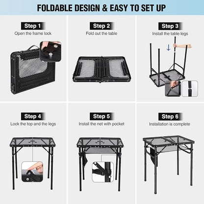 Folding Grill Table, Lightweight Height Adjustable Aluminum Table with Mesh Desktop and Mesh Bag for Outdoor Camping Picnic BBQ, Small 2 Feet, Black