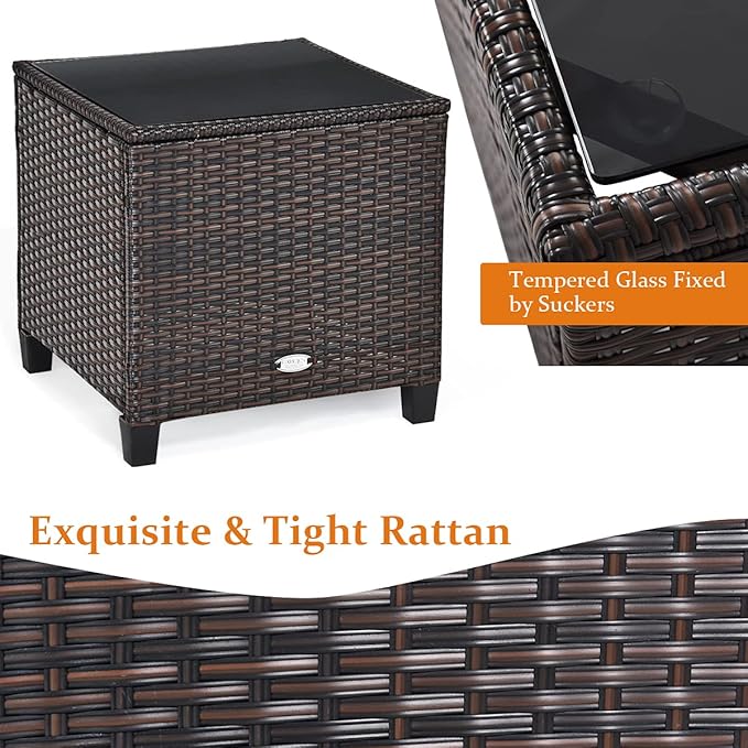 HAPPYGRILL 3 Pieces Patio Conversation Set, Outdoor Furniture Set PE Rattan Sofa Set with Removable Cushions, PE Wicker Chairs with Tempered Glass Side Table for Porch Lawn Garden Balcony Backyard