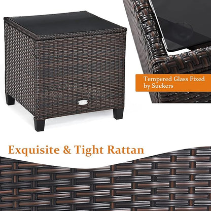HAPPYGRILL 3 Pieces Patio Conversation Set, Outdoor Furniture Set PE Rattan Sofa Set with Removable Cushions, PE Wicker Chairs with Tempered Glass Side Table for Porch Lawn Garden Balcony Backyard