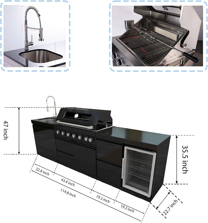 115-Inch Outdoor Kitchen Island with 6 Burner, Gas Outdoor Kitchen Bar Island BBQ Grill with 85000 BTU, Stainless steel Sink, Refrigerator, Rotisserie Kit, Granite Countertops, Bar, Black