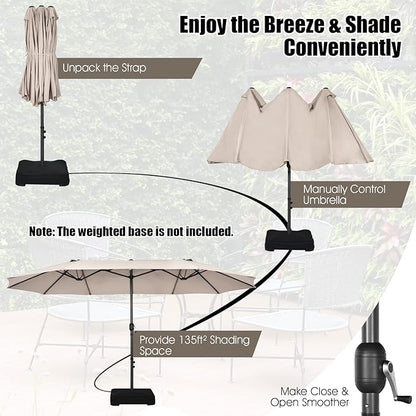 Tangkula 15Ft Double-Sided Patio Umbrella, Outdoor Extra Large Umbrella W/Hand-Crank System & Air Vents, Market Twin Umbrella W/ 12-Rib Sturdy Metal Frame for Poolside, Garden Backyard (Beige)