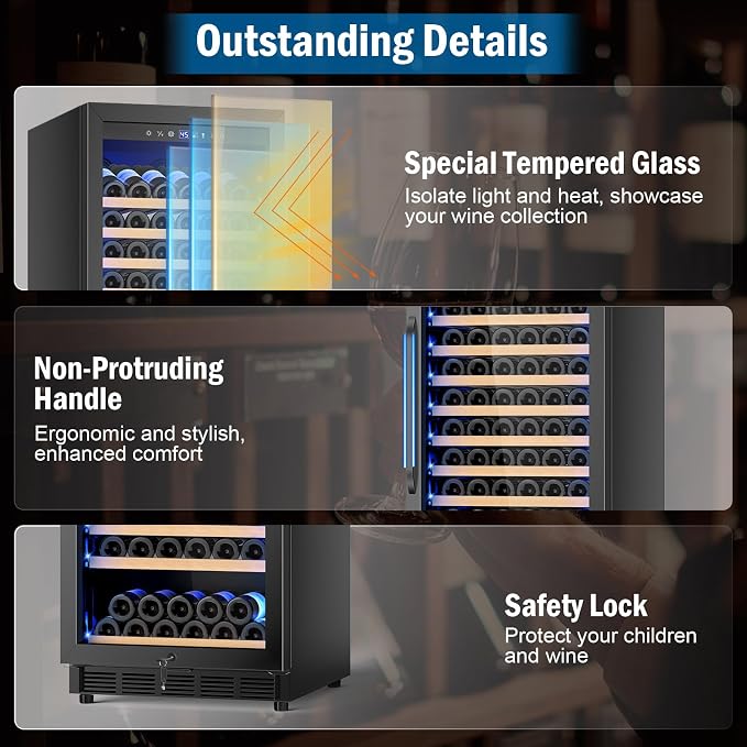 FoMup 24" 190-Bottle Wine Cooler Refrigerator, Freestanding or Built-in | Sliding rail shelves, low noise professional grade, black finish, temperature range 40-65°F, Glass door, digital display