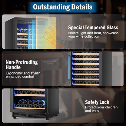 FoMup 24" 190-Bottle Wine Cooler Refrigerator, Freestanding or Built-in | Sliding rail shelves, low noise professional grade, black finish, temperature range 40-65°F, Glass door, digital display