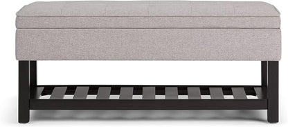 SIMPLIHOME Cosmopolitan Storage Ottoman Bench - 44 inch Wide Upholstered Linen Look Fabric Rectangle Storage Ottoman in Cloud Grey, Transitional Bench for Bedroom with Tufted Lift-Top and Open Shelf