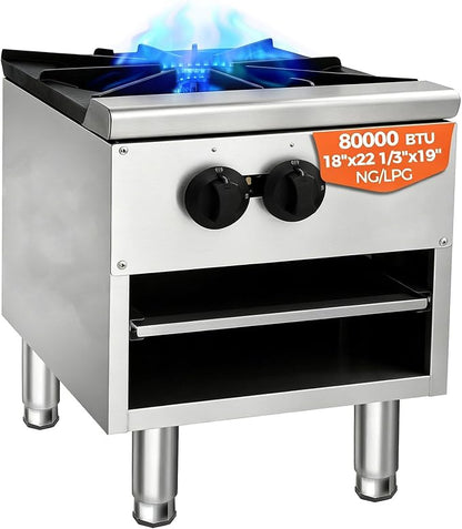 Commercial Gas Stock Pot Cooker,Countertop Burner with 80000 BTU Heating Power,NG LPG Compatible,Stainless Steel Body,Removable Waste Tray,Adjustable Legs,ETL Listed Appliance (Silver,1 Burner)