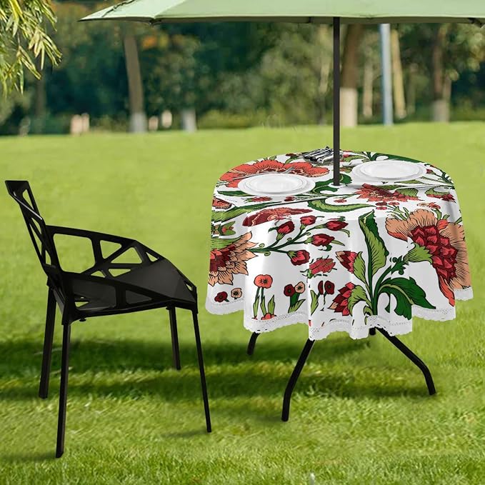 Vintage Red Floral Round Tablecloth 60" Waterproof Spillproof Polyester Fabric Table Cover with Zipper Umbrella Hole for Outdoor Patio Garden Dining Party