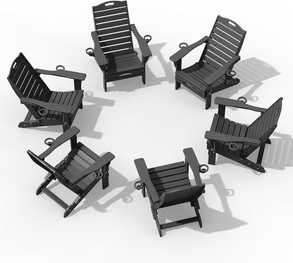 Adjustable Adirondack Chairs Set of 6 with Retractable Ottoman, HDPE Folding Adirondack Chair with Cup Holders, Weather Resistant for Backyard, Poolside & Fire Pit (Black)
