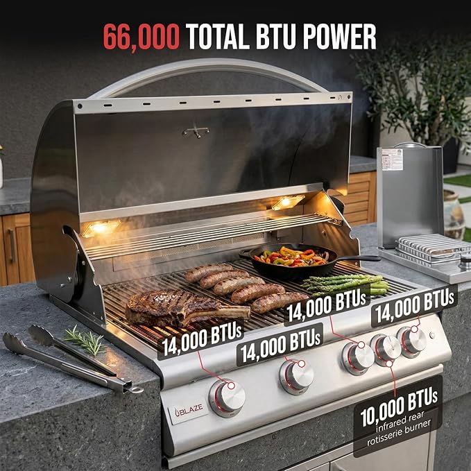 BLAZE BBQ Outdoor Package of 32” LTE Built-in Gas Grill, Gas Dop-In Single Side Burner, 32” Door & Two Drawers Combo, 18” Roll Out Propane Tank/Trash Storage Drawer, 24” Refrigerator, and Accessories