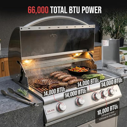 BLAZE BBQ Outdoor Package of 32” LTE Built-in Gas Grill, Gas Dop-In Single Side Burner, 32” Door & Two Drawers Combo, 18” Roll Out Propane Tank/Trash Storage Drawer, 24” Refrigerator, and Accessories