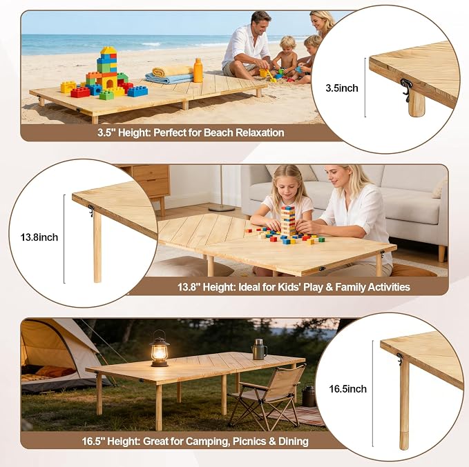 44x22 Low Floor Folding Picnic Table | Portable low table for 4-6, with adjustable height, mortise & tenon joints, and runner for beach picnics.