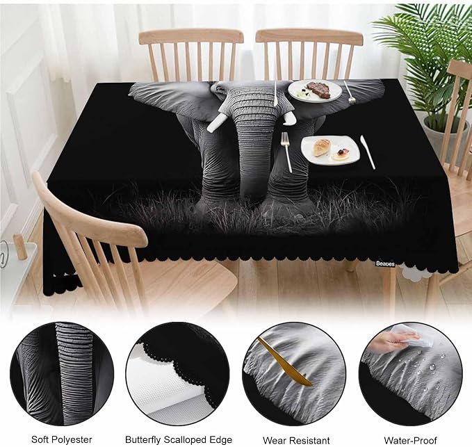 Elephant Dinner Table Cloths Tablecloth Animal Elephant Black Decorative Tablecloth for Rectangle Tables 52"X70", Heavy Duty Table Covers for Kitchen Patio Banquet