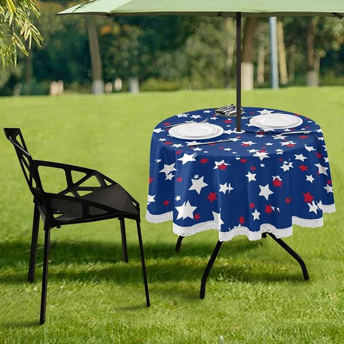 Patriotic Star Round Tablecloth 60" Waterproof Spillproof Polyester Fabric Table Cover with Zipper Umbrella Hole for Outdoor Patio Garden Dining Party