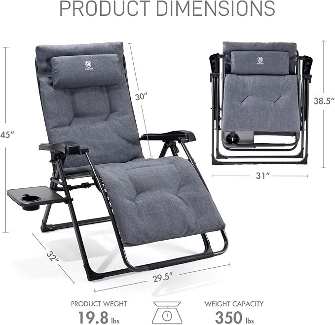 EVER ADVANCED Aluminum Zero Gravity Chair Oversized, 2.4" Thick Padded Reclining Lounge Chair with Adjustable Headrest & Side Table, Heavy Duty Support 350 lbs, Foldable for Outdoor & Indoor, Gray