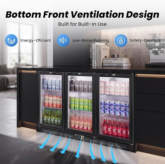 53.15" W Commercial Under Counter Beverage Refrigerator, 3 Glass Door Back Bar Cooler, Built-in/Freestanding 12Cuft Drink Fridge with LED Light, Auto Defrost, Low-E Glass & Safety Lock, Rebound door
