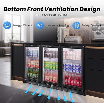 53.15" W Commercial Under Counter Beverage Refrigerator, 3 Glass Door Back Bar Cooler, Built-in/Freestanding 12Cuft Drink Fridge with LED Light, Auto Defrost, Low-E Glass & Safety Lock, Rebound door
