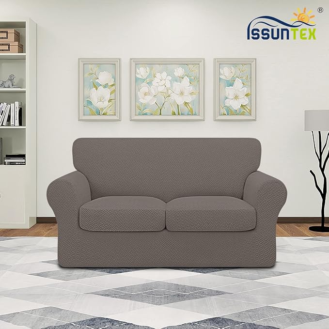 ISSUNTEX 3 Pieces High Stretch Thicken Loveseat Couch Covers, Soft Sofa Slipcover for 2 Separate Cushion Couch, Jacquard Fabric Elastic Sofa Cover Furniture Protector for Dogs (Loveseat, Taupe)