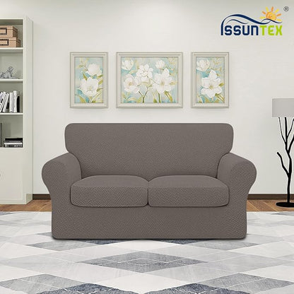 ISSUNTEX 3 Pieces High Stretch Thicken Loveseat Couch Covers, Soft Sofa Slipcover for 2 Separate Cushion Couch, Jacquard Fabric Elastic Sofa Cover Furniture Protector for Dogs (Loveseat, Taupe)