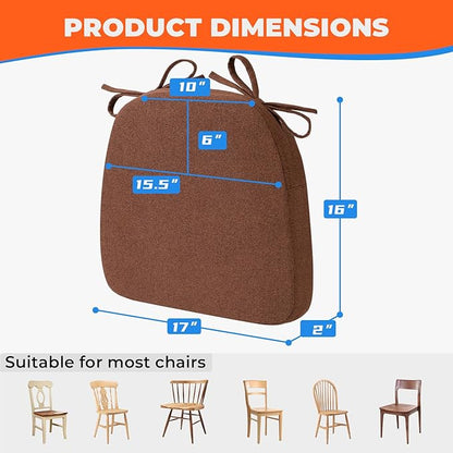 Sunsleek Chair Cushions for Dining Chairs, D-Shaped Seat Cushions with Removable Washable Cover and Ties, Chair Pads for Kitchen, Indoor Dining Room, Patio Chairs, 17'' x 16'', Set of 4, Brown