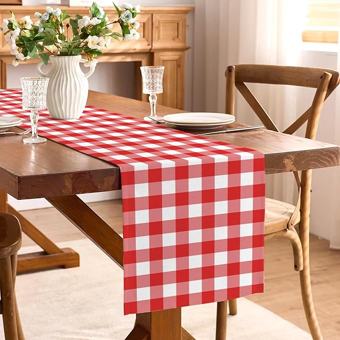 Italian Red and White Gingham Table Runner Checkered Baby Shower Party Decoration Christmas BBQ Picnic Home Kitchen Island Decor (Red, 13" x 108")