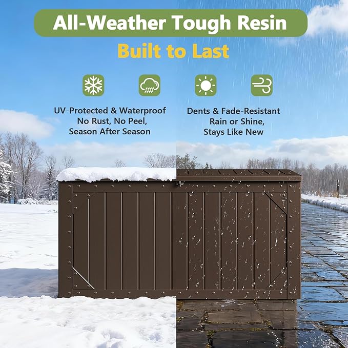 Outdoor Storage Box, 95 Gallon Deck Box Outdoor Storage Bench, Outside Waterproof Resin Storage Bench, Lockable Patio Cushions, Garden Tools Storage for Furniture, UV Resistant (Brown)