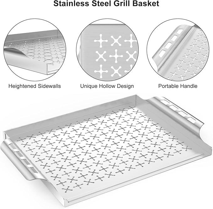 Skyflame Stainless Steel Grill Basket for Outdoor/Indoor Grill and Smoker, BBQ Grill Accessory/Grill Tray for Fish and Vegetables