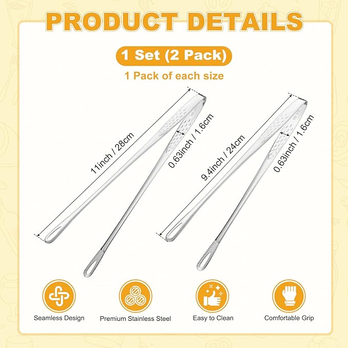 M METERXITY 2-Pack Extra Long Grill Tongs, 9.4/11 Inch Non-Slip 304 Stainless Steel Locking Tongs for Cooking/Buffet/Outdoor Barbecue, Korean BBQ Tweezers Metal Clamp Tool [Silver Tone]