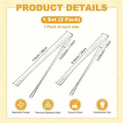 M METERXITY 2-Pack Extra Long Grill Tongs, 9.4/11 Inch Non-Slip 304 Stainless Steel Locking Tongs for Cooking/Buffet/Outdoor Barbecue, Korean BBQ Tweezers Metal Clamp Tool [Silver Tone]