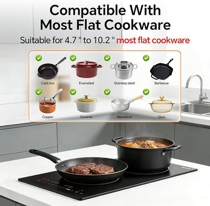 Ranein 12 Inch 2 Burner Electric Cooktop, Max 3000W 240V Ceramic Panel Built-in Electric Stove Top, with Child Safety Lock, Timer, Over-Temperature Protection