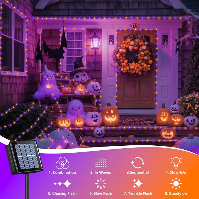 QITONG Solar Halloween Lights Outdoor Waterproof, 2 Pack Each 66ft 200 LED Orange and Purple Fairy Lights with 8 Modes, Silver Wire Christmas Mini String Lights