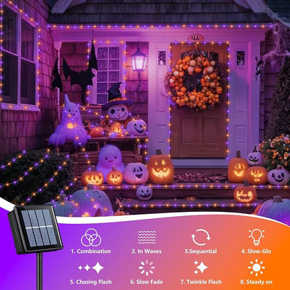 QITONG Solar Halloween Lights Outdoor Waterproof, 2 Pack Each 66ft 200 LED Orange and Purple Fairy Lights with 8 Modes, Silver Wire Christmas Mini String Lights
