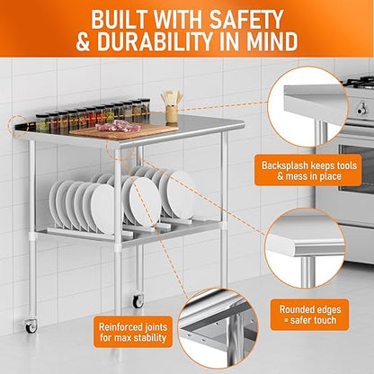Stainless Steel Prep Table 30" X 36" with Adjustable Undershelf, Backsplash and Wheels, Commercial Metal Workstations for Kitchen, Garage, Home and Hotel