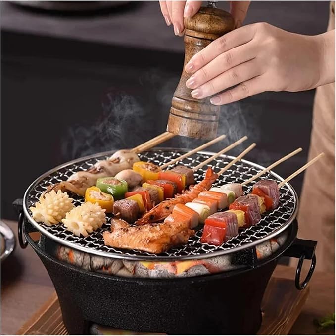 Cast Iron Grill Round Small Portable Korean Style Charcoal Barbecue For Outdoor Tabletop Camping BBQ Make Tea(26cm)