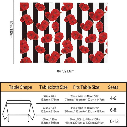 TKS MITLAN Black White Stripe Tablecloth 60x84 Inch Rectangular Red Flower Poppy Petal Bloom Bright Color Plant Oblong Table Cloth Kitchen Table Decorations for Home Dinner Party
