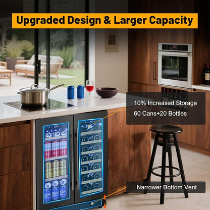 FoMup Wine and Beverage Refrigerator, 24 Inch Beverage Cooler Dual Zone with Glass Door, Under Counter Beverage Fridge with Upgraded 60 Cans 20 Bottles Large Capacity, Black