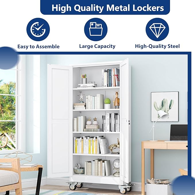 Ckzbx Metal Garage Storage Cabinet with Locking Doors and Adjustable Shelves,71" H Steel File Cabinet with Wheels for Garage,Office (White)