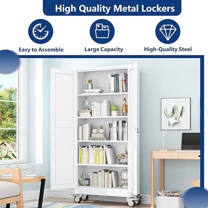 Ckzbx Metal Garage Storage Cabinet with Locking Doors and Adjustable Shelves,71" H Steel File Cabinet with Wheels for Garage,Office (White)