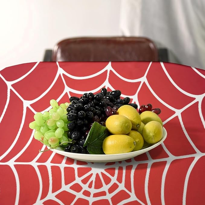 Spider Web Hero Tablecloth, White Spiderweb Red Cobweb Water Resistant Wipeable Table Cover for Picnic Party Holiday Kitchen Dinner Table 60"x110"