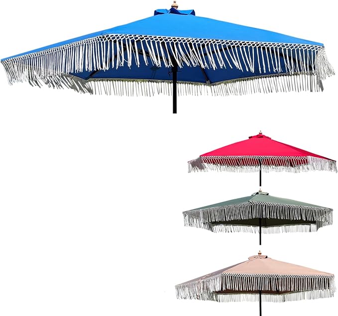 FORMOSA 9ft 6 Rib Market Coastal Patio Umbrella Replacement Canopy - 300D UV Protective and Water Resistant Patio Fabric Cloth - Umbrella Replacement Cover CANOPY ONLY (Capri Blue Tassels Olefin)