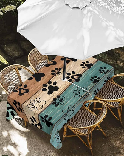 Dog Paw Print Outdoor Tablecloth - 52x70 Inch Rectangle Dining Table Cover, Rustic Teal Brown Beige Wooden Farmhouse Waterproof Outdoor Table Cloth with Umbrella Hole & Zipper for Picnic/Patio/Party