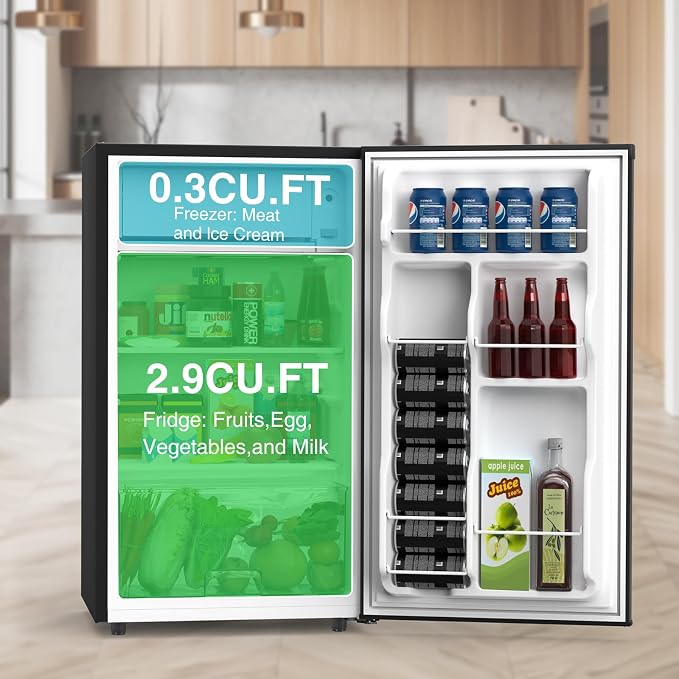 OLIXIS 3.2 Cu.Ft Mini Fridge with Freezer, Single Door Compact Refrigerator | Adjustable Thermostat, 5-Level Thermostat, for Bedroom Office Dorm, LED Interior Light, Black