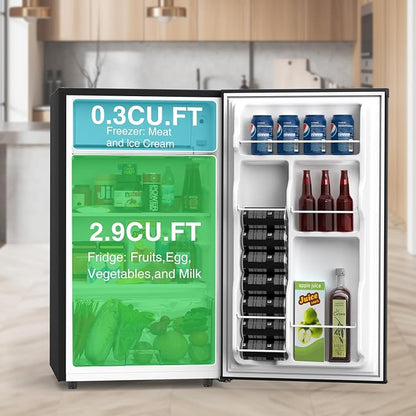 OLIXIS 3.2 Cu.Ft Mini Fridge with Freezer, Single Door Compact Refrigerator | Adjustable Thermostat, 5-Level Thermostat, for Bedroom Office Dorm, LED Interior Light, Black