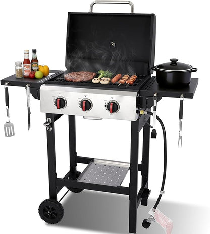 3-Burner Propane Gas Grill with Cast Iron Grate, 30,000 BTU Output & 252 Sq. Inch Cooking Space, Easy-Clean System & Foldable Side Tables for Outdoor BBQ (3-Burner)