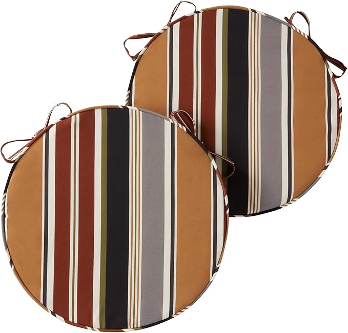 Set of 2 Outdoor 18 inch Round Patio Dining Chair Pads – Comfortable Fiber-Filled Seat Cushions with Ties, Reversible Polyester Fabric - Brick Stripe
