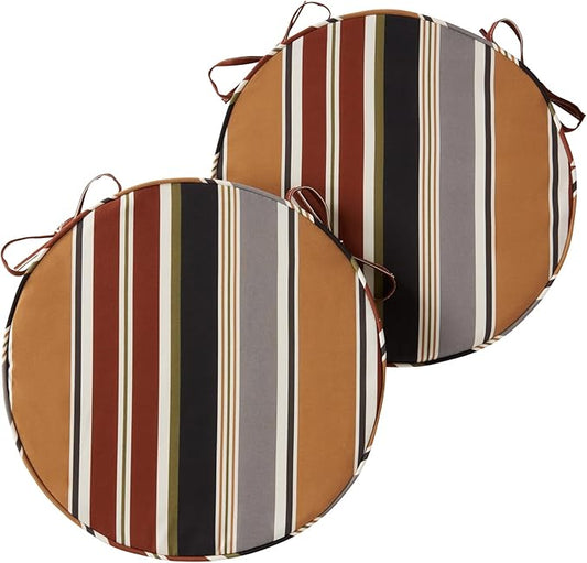 Set of 2 Outdoor 18 inch Round Patio Dining Chair Pads – Comfortable Fiber-Filled Seat Cushions with Ties, Reversible Polyester Fabric - Brick Stripe