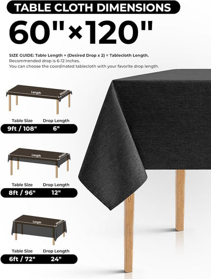 Decorelia Faux Linen Black Rectangular Table Cloths for 8 Ft Table-6 Pack, Washable Polyester Rustic Waterproof Rectangle Table Cloth Cover for Wedding,Outdoor,Events,Party,Banquet,Dining, 60x120 Inch