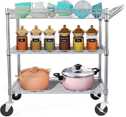 Heavy Duty 3 Tier Utility Cart,Wire Rolling Carts with Wheels, Commercial Grade Service Cart with Shelving Liners and Handle Bar Metal Carts for Kitchen Office Hardware
